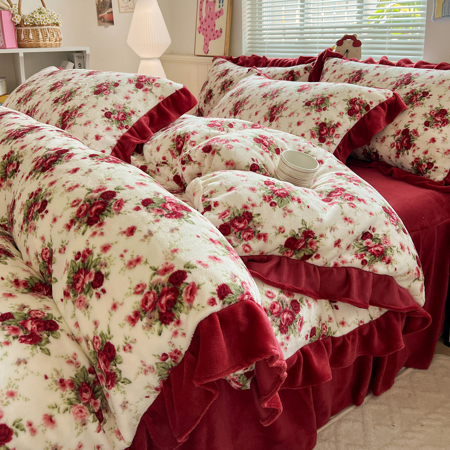 韩版复古红牛奶绒床盖四件套冬季