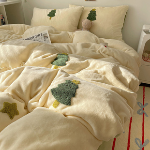 绿色小树牛奶绒四件套秋冬加厚保暖珊瑚绒床单被套三件套床上用品