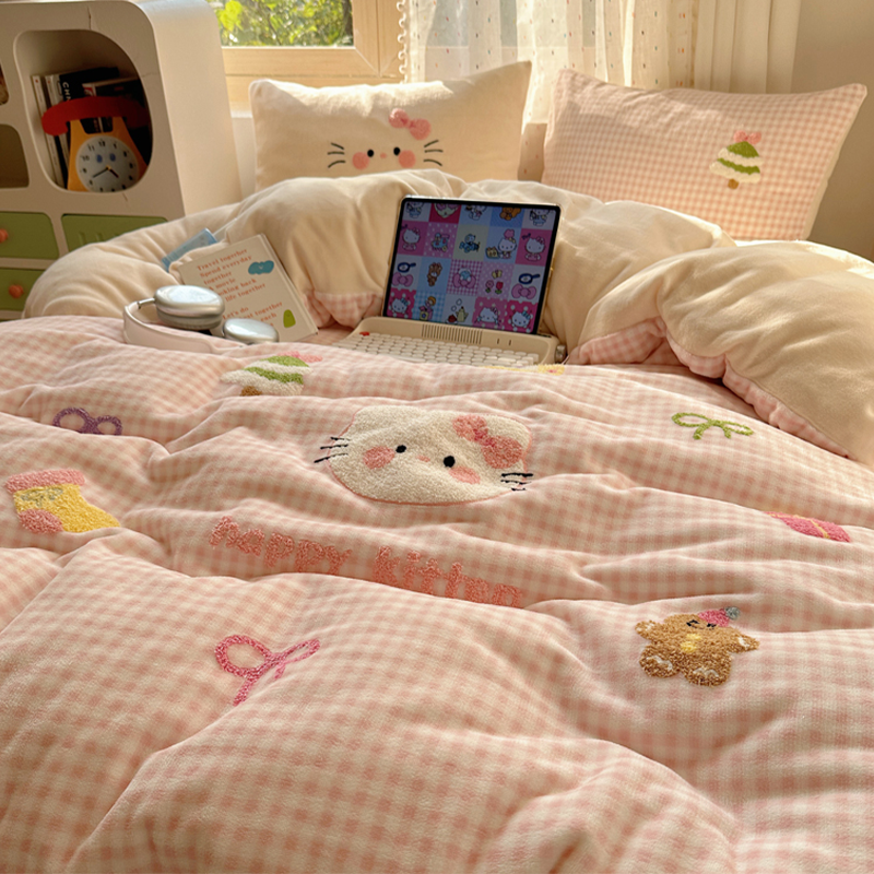 可爱少女心毛巾绣床上四件套卡通kt猫牛奶珊瑚绒被套宿舍床单人三