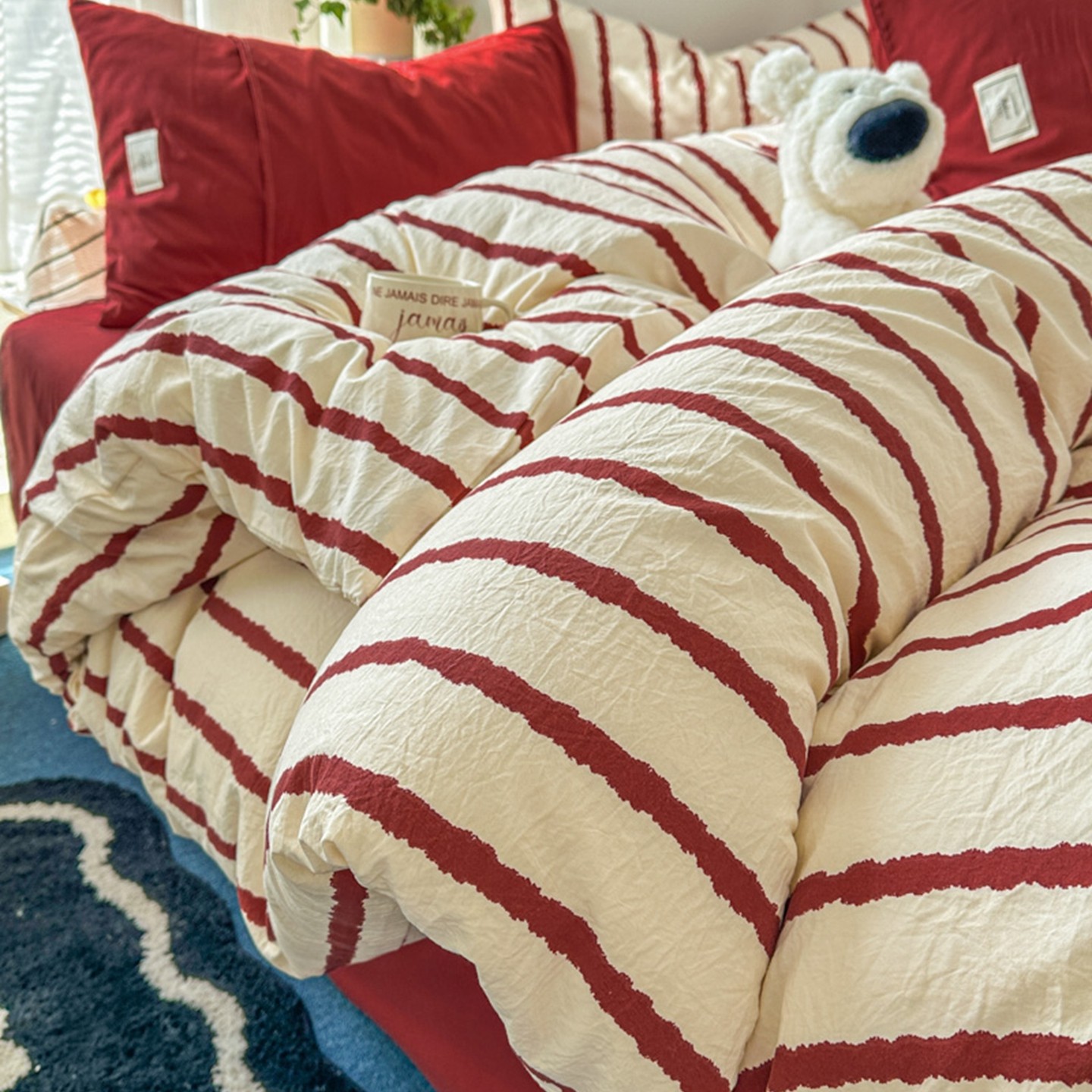 美式摩卡条纹水洗棉四件套2026新款非全棉纯棉被套宿舍床单三件套