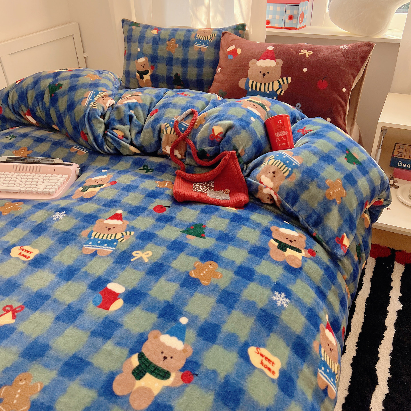 ins风圣诞小熊加厚牛奶绒四件套冬季保暖加绒被套可爱床单三件套4