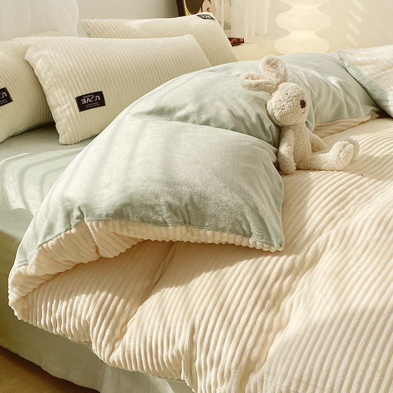 冬季法兰绒床上四件套牛奶珊瑚绒双面加绒被套加厚毛绒床单冬天三