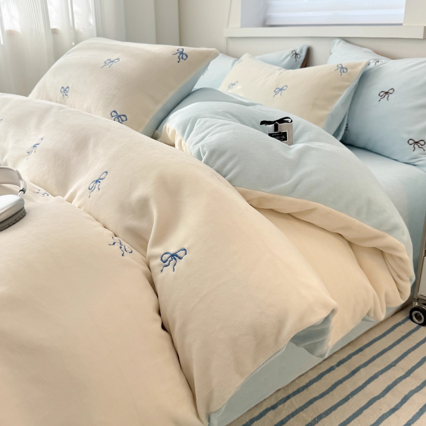 韩式奶油风牛奶绒四件套ins蝴蝶结被套冬季珊瑚绒床单宿舍三件套4