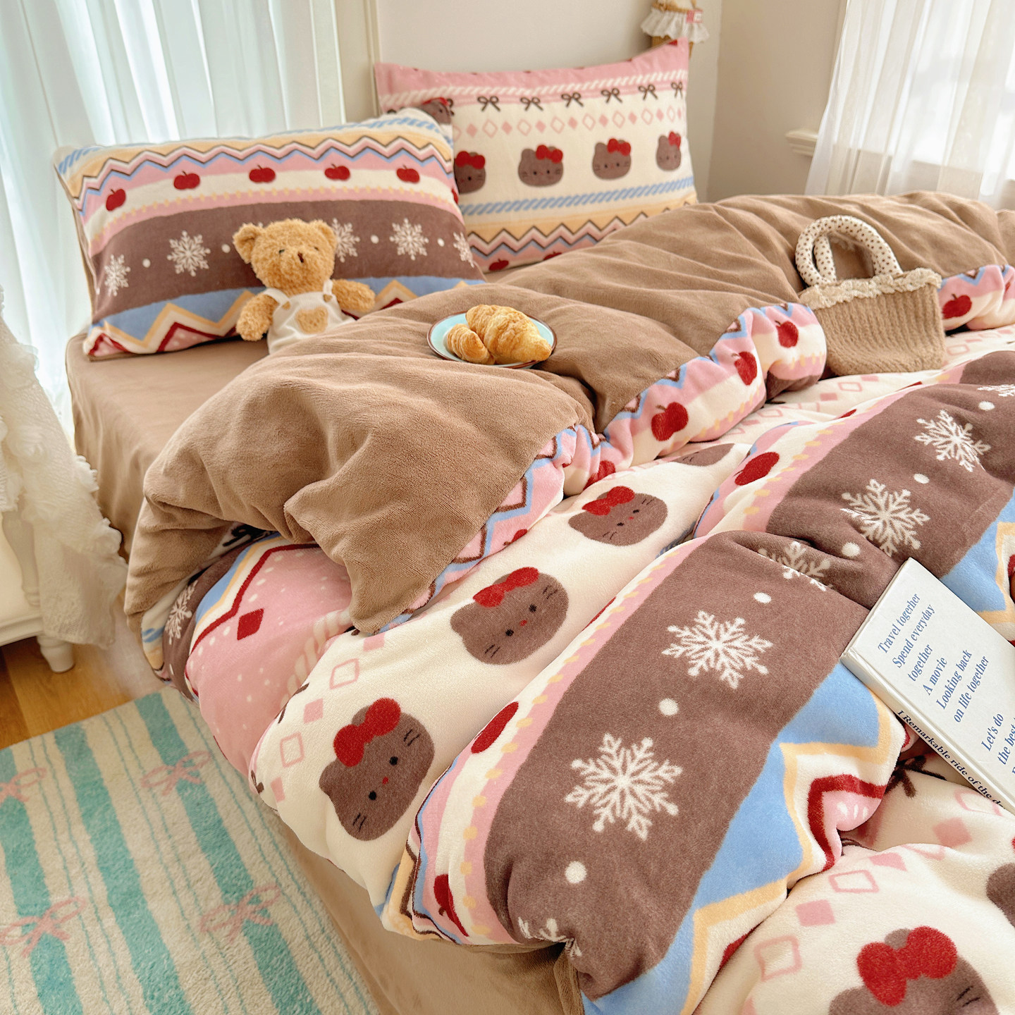 冬季ins牛奶绒床上四件套双面珊瑚绒加厚加绒床单宿舍三件套床笠4