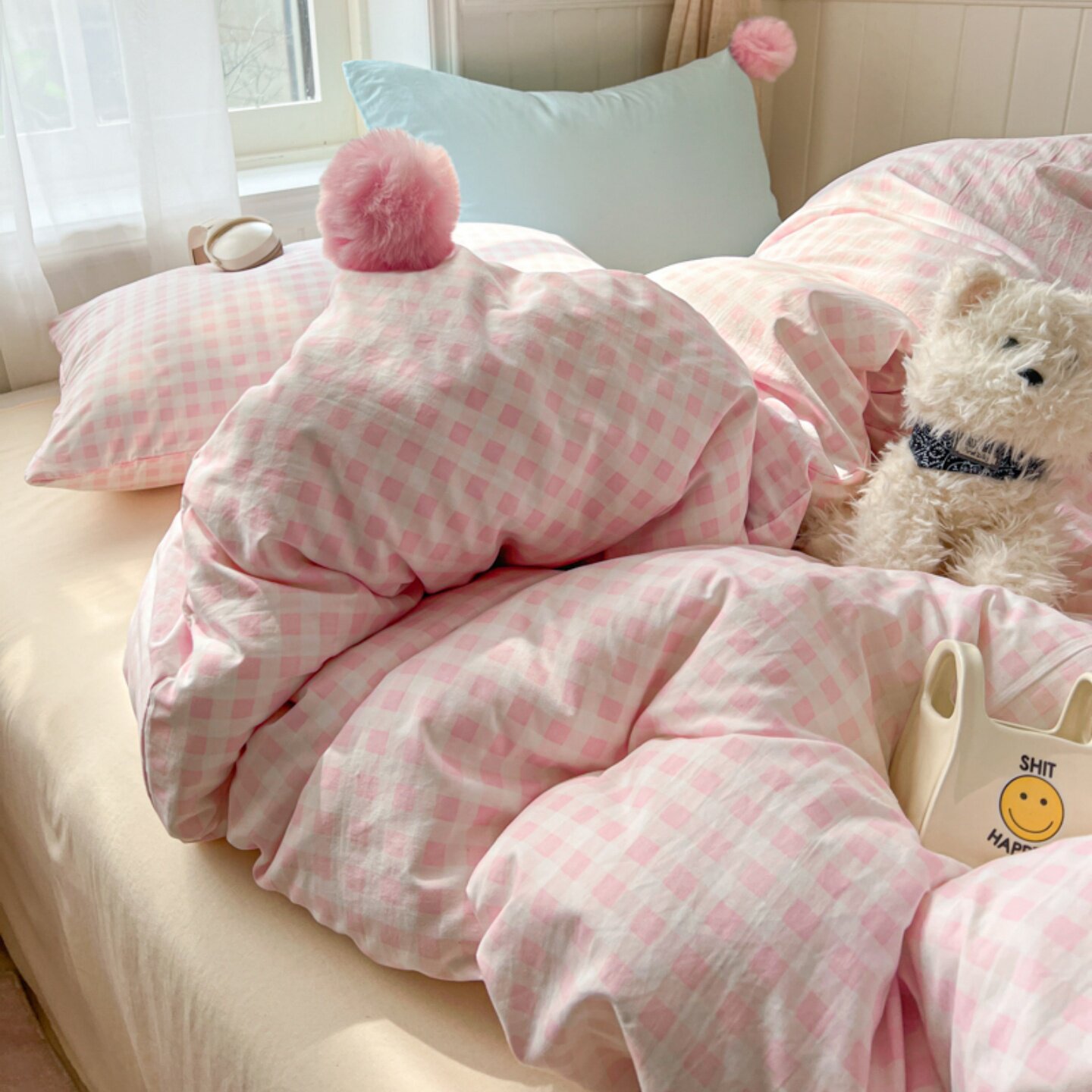 甜心芭乐粉亲肤水洗棉球球床上四件套非纯棉全棉被套床单人三件套