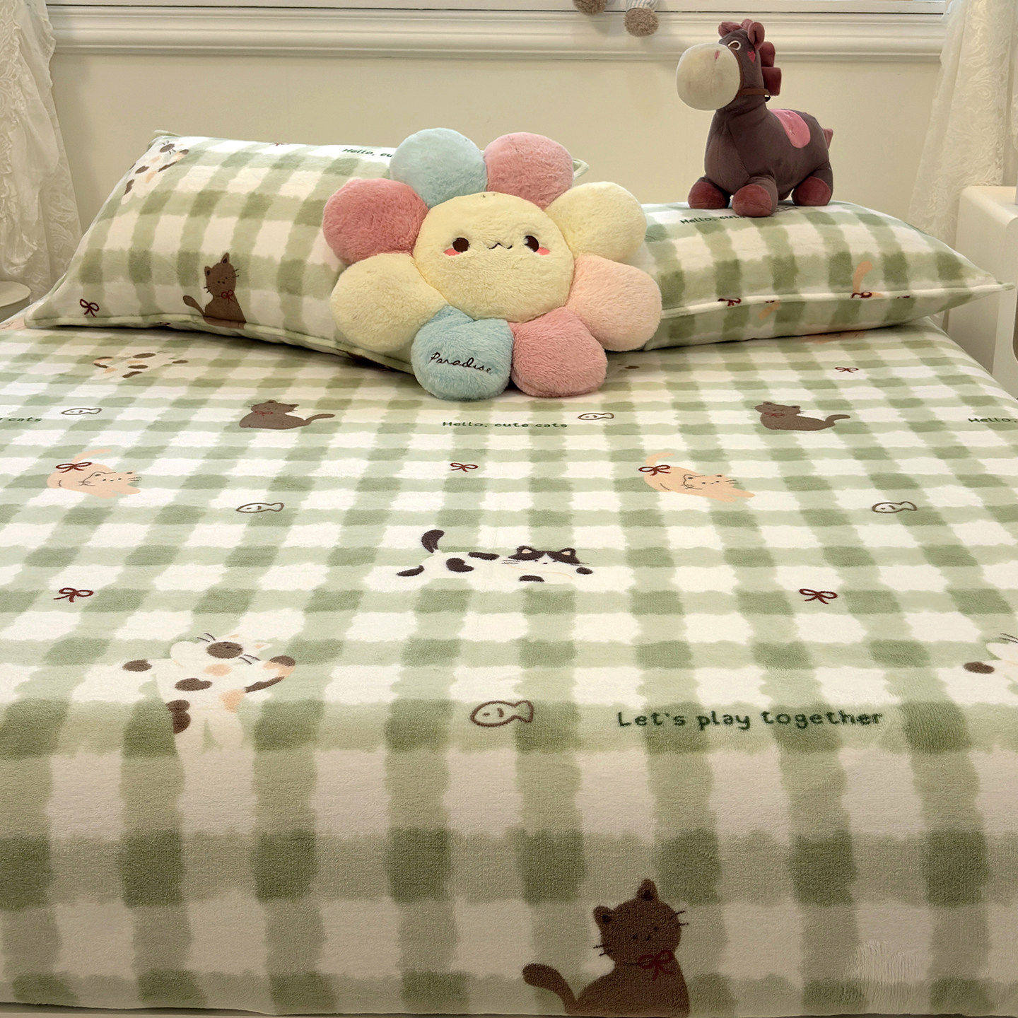 格子小猫加厚保暖牛奶绒床笠单件珊瑚绒床罩秋冬款儿童床垫保护罩