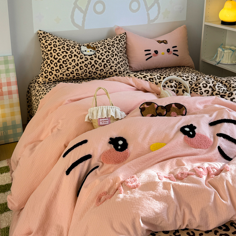 少女心水洗棉床上四件套可爱kt猫