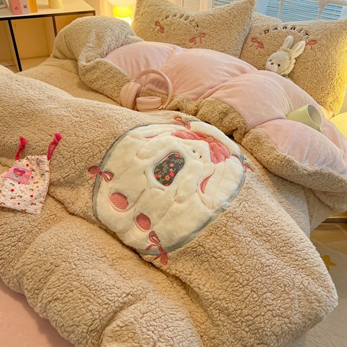 美拉德羊羔绒四件套卡通牛奶绒