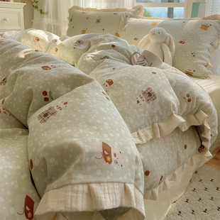卡通皱皱纱床上四件套2025新款 非全棉纯棉被套学生宿舍床单三件套