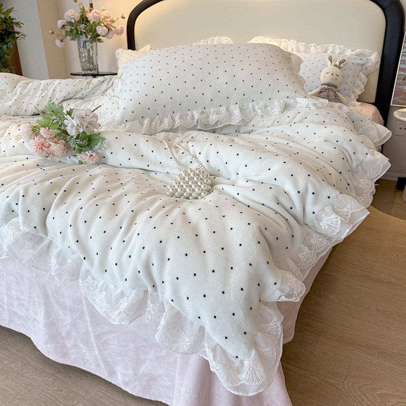 森系牛奶绒蕾丝花边床上四件套2025新款冬季双面加绒保暖被套床单