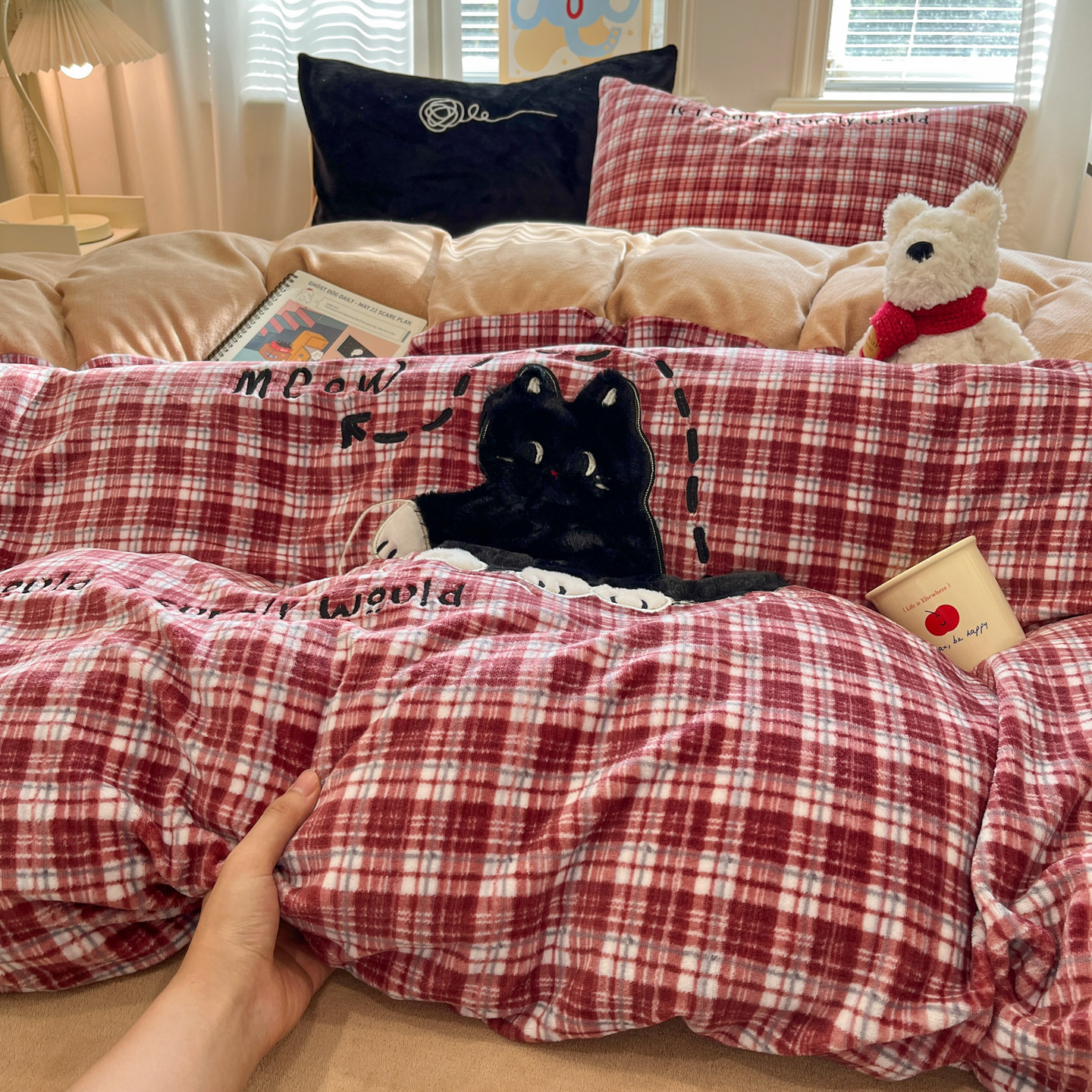 可爱ins风牛奶绒四件套卡通被套加绒加厚珊瑚绒床单人宿舍三件套4