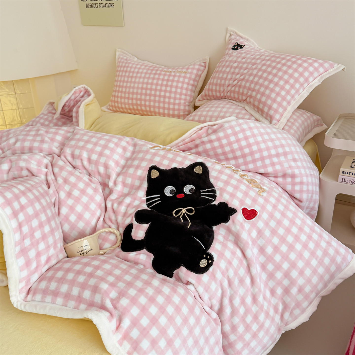 卡通牛奶绒包边四件套冬季加厚加绒被套罩珊瑚绒床单人宿舍三件套