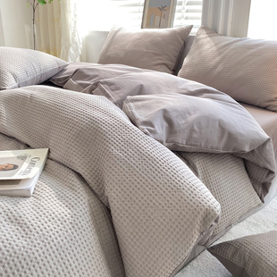 ins床上水洗棉四件套华夫格高级感夏季单人床单被套2被罩宿舍三4