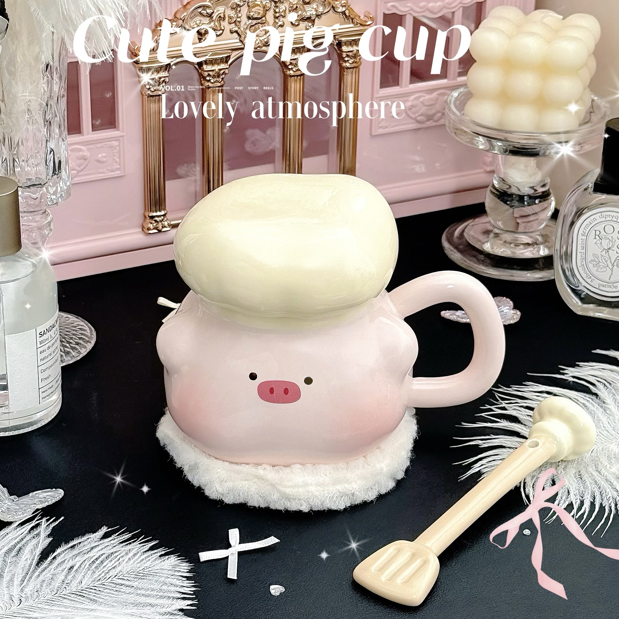 萌趣可爱小猪女马克杯少女心生日礼物高颜值陶瓷杯带盖勺喝水杯子