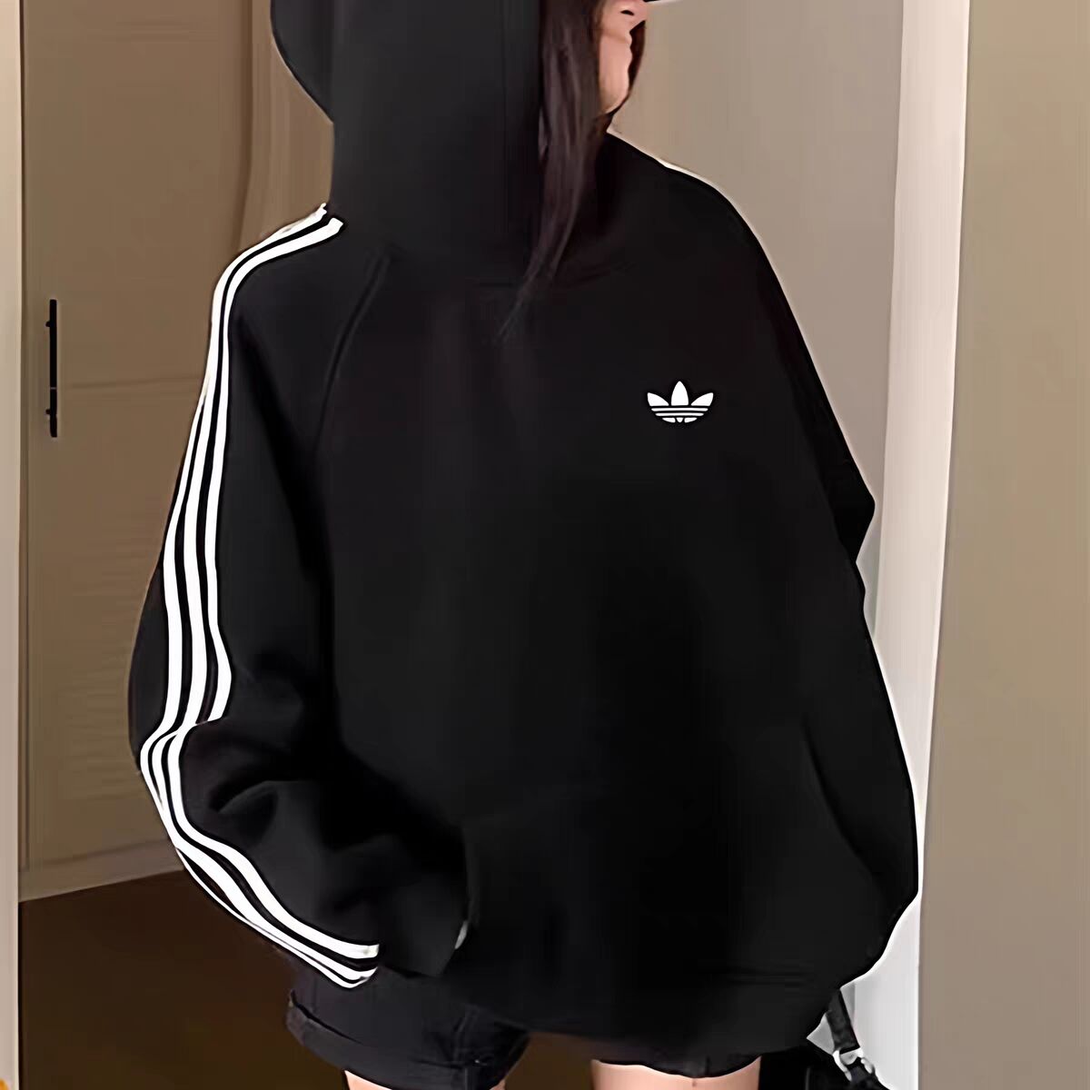 品牌折扣丨连帽套头衫卫衣女三条杠美式长袖上衣男情侣打底衫条纹