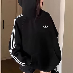 品牌折扣丨连帽套头衫卫衣女三条杠美式长袖上衣男情侣打底衫条纹