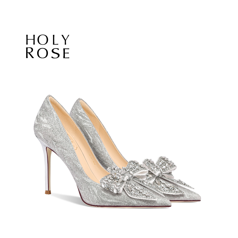 HolyRose银色蝴蝶结高跟婚鞋