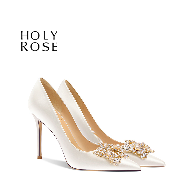 圣洁玫瑰白色水钻尖头新娘婚鞋