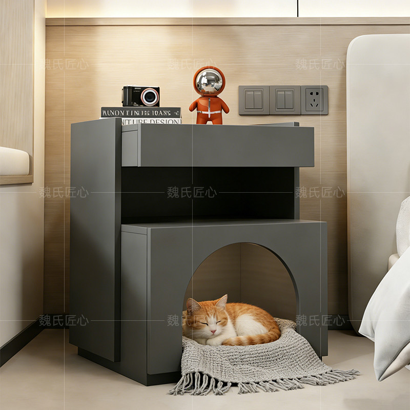 实木猫窝床头柜多功能宠物柜卧室床边50cm收纳置物柜猫笼边柜定制