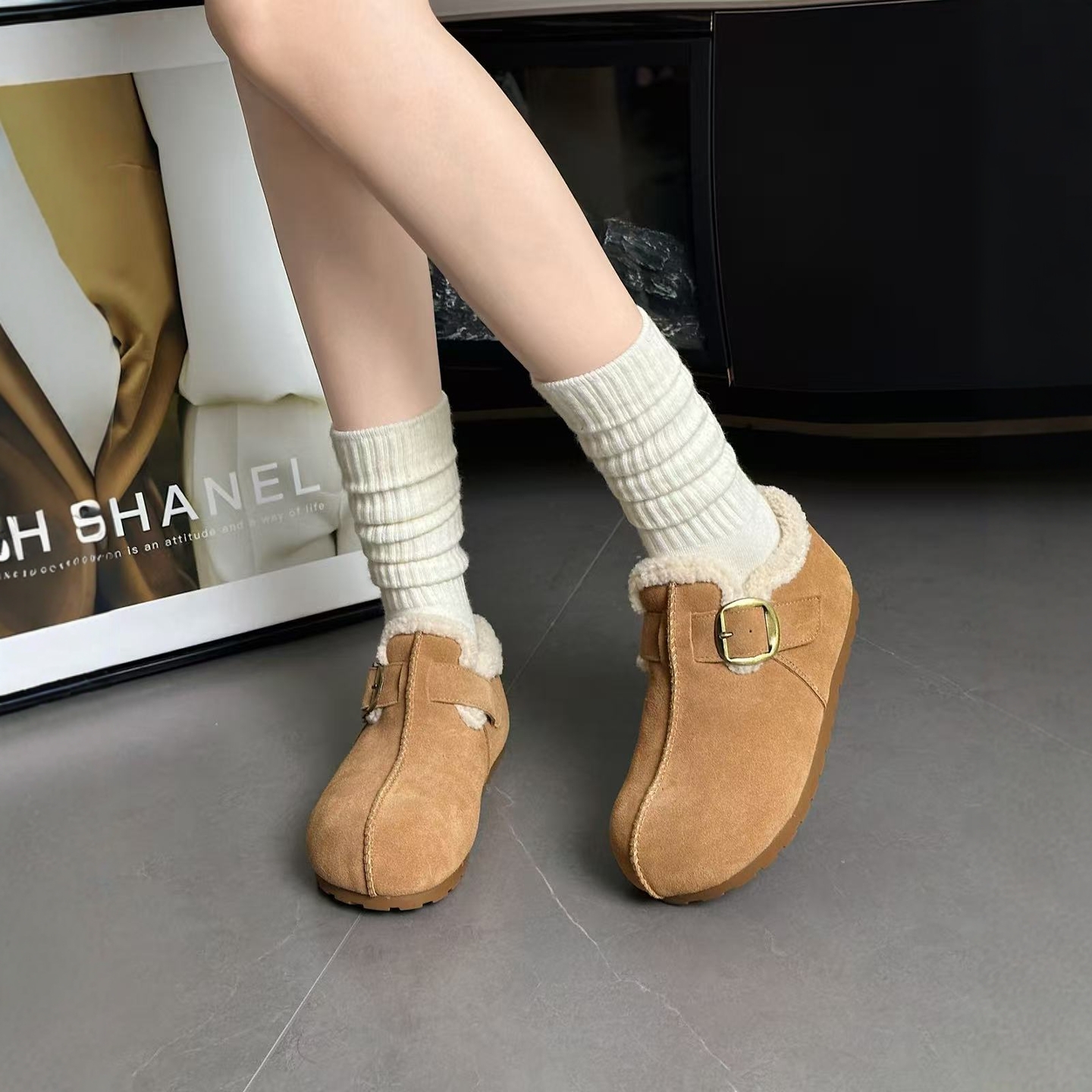 萨贝琪加绒女鞋厚底圆头勃肯鞋