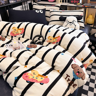 家用珊瑚法兰绒床品四件套 卡通牛奶绒被套单件150×200x230秋冬季