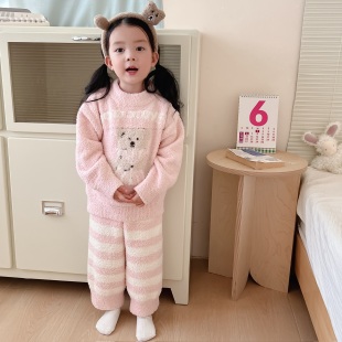 韩系氛围感穿搭 超柔软亲子半边绒睡衣高品质儿童秋冬家居服套装