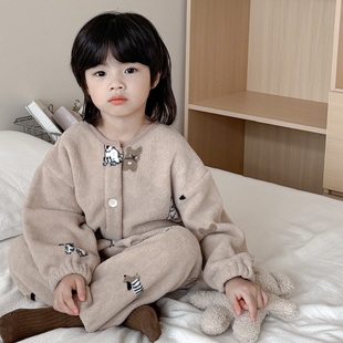 女童法兰绒睡衣睡裤 秋冬新品 卡通萌趣男童珊瑚绒家居服套装 亲子款
