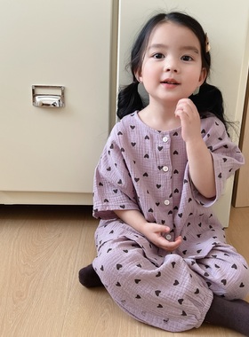韩国宝宝满印紫色爱心休闲睡衣套装男女童全棉卡通纱布短袖家居服