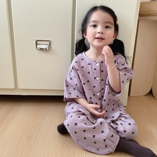 家居服 韩国宝宝满印紫色爱心休闲睡衣套装 男女童全棉卡通纱布短袖
