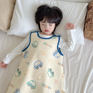 男童小汽车背心睡袋秋冬夹棉连身衣女童纯棉睡袍宝宝无袖连体睡衣