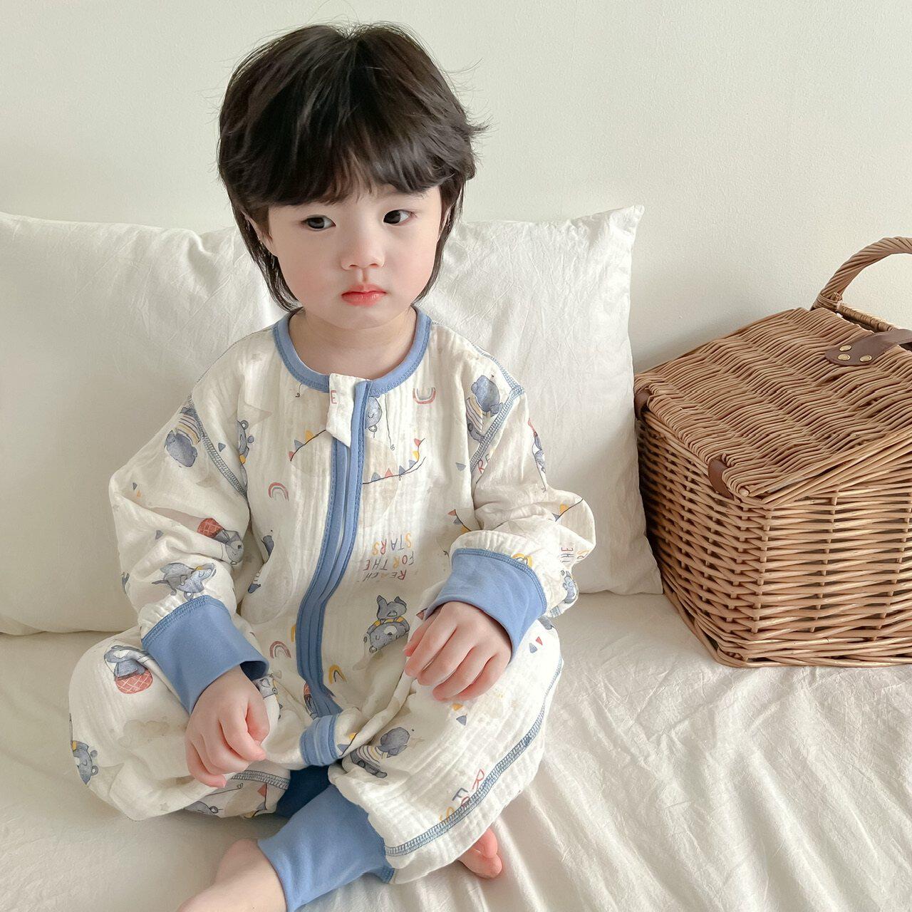 韩国儿童夏季长袖薄款连体睡衣双层纱布纯棉宝宝睡袋男女童空调服