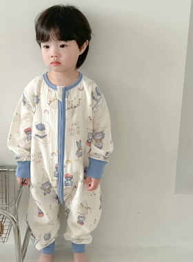男女宝宝纯棉无骨泡泡纱布睡袋春夏前四后二蓝色星星小熊连体睡衣