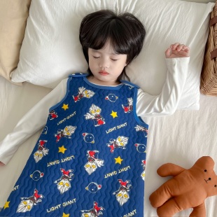 宝宝春秋夹棉背心睡袋卡通男孩家居服纯棉无袖连体衣女童秋冬睡袍