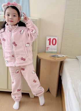 萌妹「暖绒绒」！女童Hellokitty法兰绒家居服男童拉链睡衣套装
