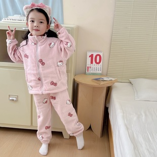 萌妹「暖绒绒」！女童Hellokitty法兰绒家居服男童拉链睡衣套装