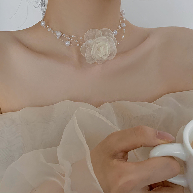 胖东来choker脖子配饰浪漫性感多层珍珠项链女花朵锁骨链小众设计