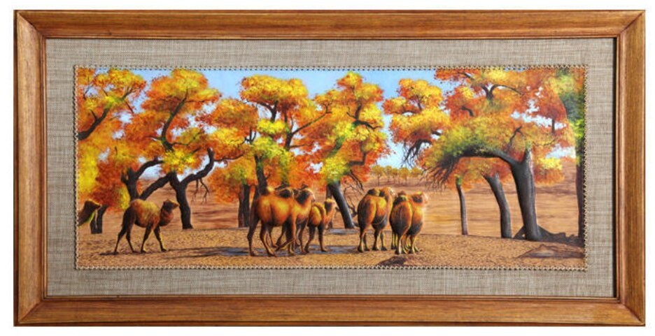 蒙古牛皮画/蒙古工艺品/民族特色礼品/手工皮雕装饰画/胡杨驼群