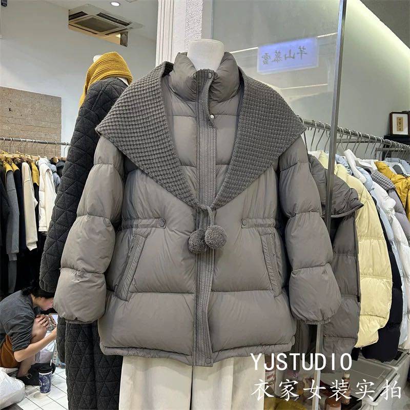 韩系立领针织披肩羽绒服女冬中长款收腰加厚白鸭绒外套,女装/女士精品,羽绒服,淘宝优惠券,粉丝福利购,淘宝优惠卷