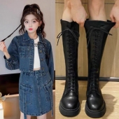 女童靴子冬2026春秋新款 高筒长靴走秀表演单靴儿童马丁靴公主皮靴