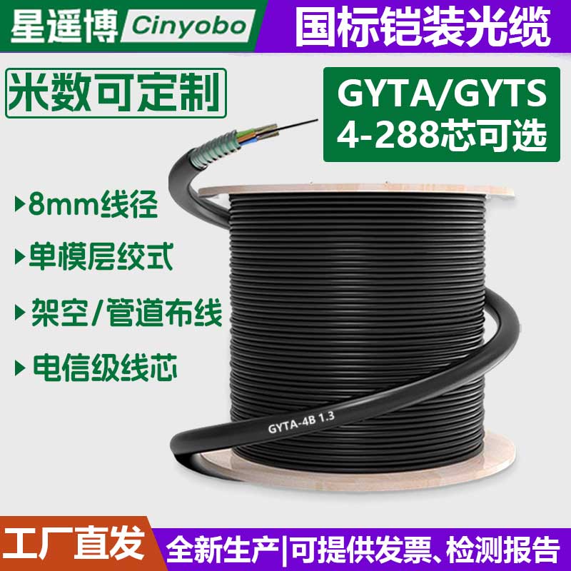 星遥博 光缆铠装国标GYTS/GYTA室外层绞单模通信光纤8mm4芯6芯8芯12芯24芯36芯48芯72芯96芯144芯288芯