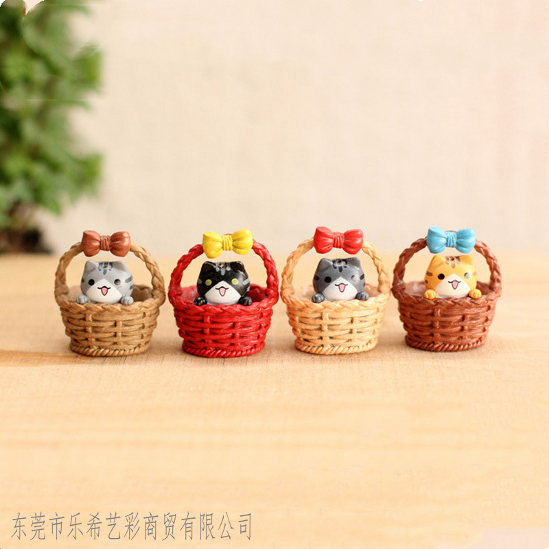 鱼缸水族造景平底竹篮猫咪摆件