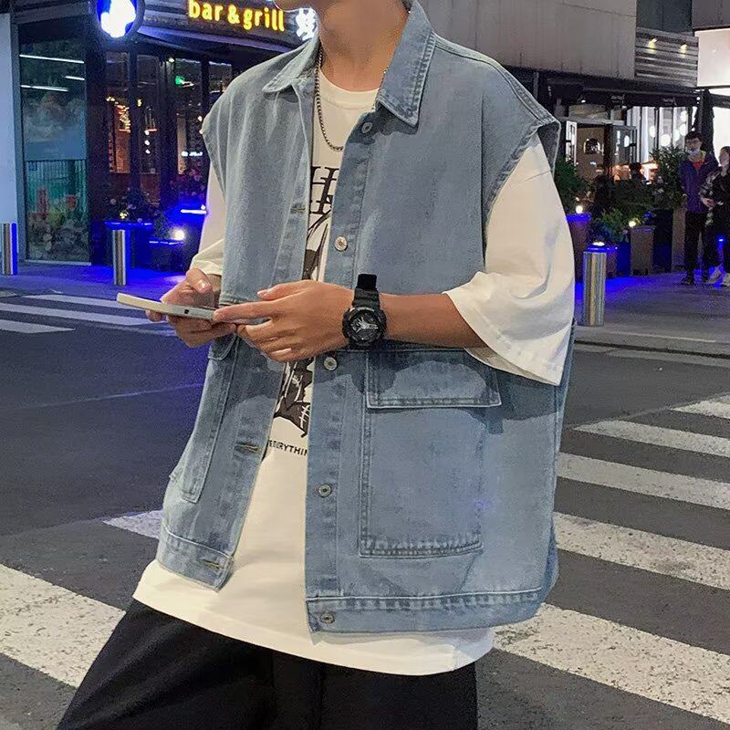 일본 CITYBOY 데님 조끼 남성용 트렌드 브랜드 루즈 오프 숄더 민소매 조끼 워시 레트로 올 매치 자켓