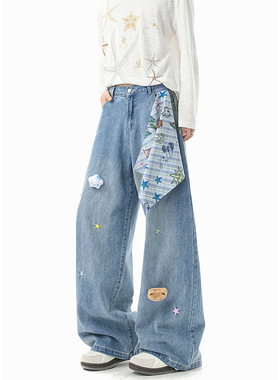 潮牌星星刺绣弯刀牛仔裤男春高街设计感阔腿长裤复古水洗拖地裤子