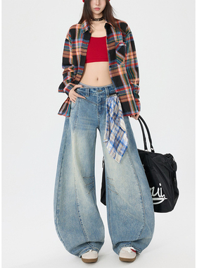 2026春夏季美式高街格子腰带蓝色水洗牛仔裤男春季阔腿弯刀裤子潮