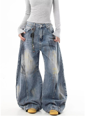 2026春季美式复古脏脏做旧涂鸦弯刀牛仔裤男女设计感宽松阔腿裤男