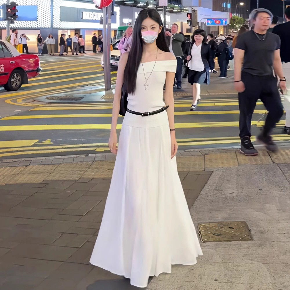 夏季女法式气质白色一字肩斜肩上衣半身裙两件套装高腰显瘦减龄