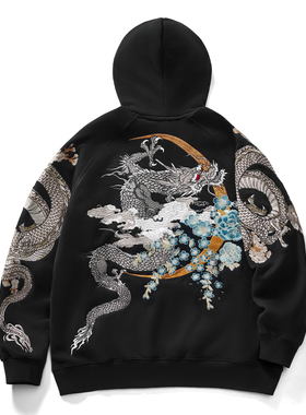 2025年龙袖子双龙过肩连帽套头横须贺重工刺绣男款女情侣重磅卫衣