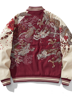 拔刀娘 2025雄狮重工刺绣棒球服夹克外套男毛呢PU皮袖狮子横须贺