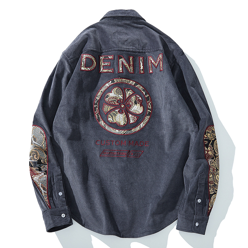 灯芯绒国潮复古着衬衫男款休闲女情侣潮牌横须贺刺绣衬衣春秋新款