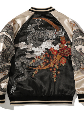 横须贺龙纹神兽重磅刺绣夹克外套中国风春秋棒球服男士宽松